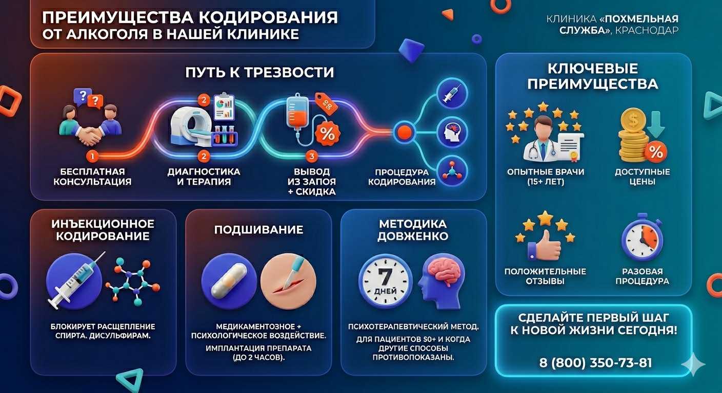 Инфографика о методах кодирования от алкоголя в Чертково: инъекции, подшивание, метод Довженко. Преимущества клиники и этапы лечения.