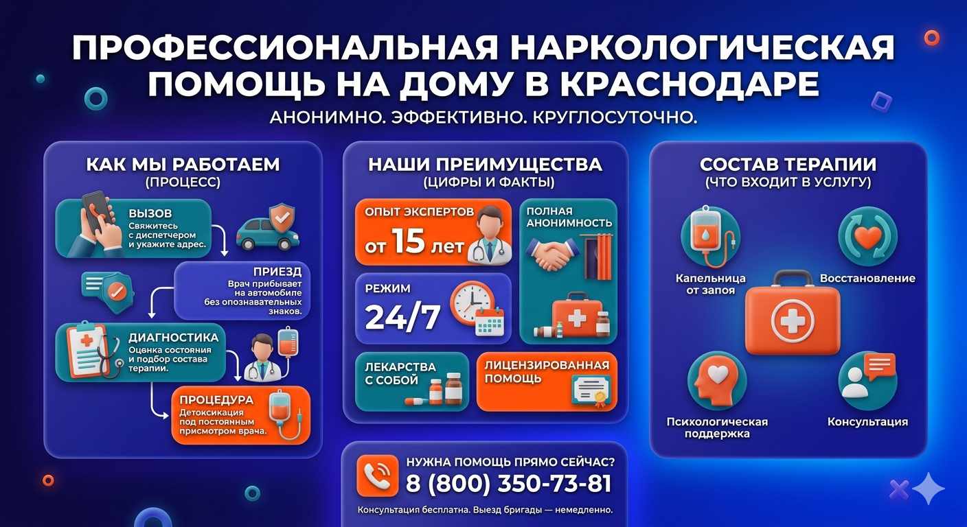 Инфографика о принципах лечения алкоголизма на дому в Чертково: этапы вызова нарколога, преимущества анонимной детоксикации и состав медицинской помощи.